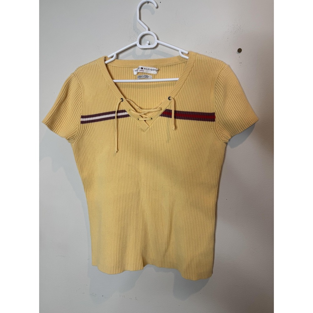 Vintage Tommy Hilfiger Shirt Womens‎ XL Yellow Ribbed Lace Up Japan Y2K Top - Picture 2 of 8